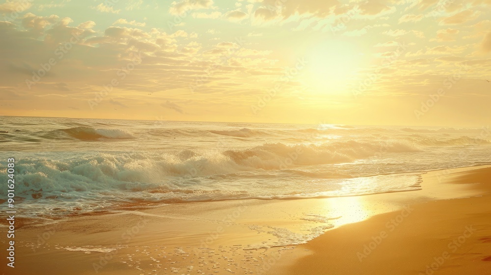 Obraz premium A serene morning on the beach, with the golden sunrise and gentle waves creating a peaceful ambiance. 
