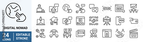 Digital Nomad web line icons. Workation. The icons included staycation, remote workplace, work from anywhere.