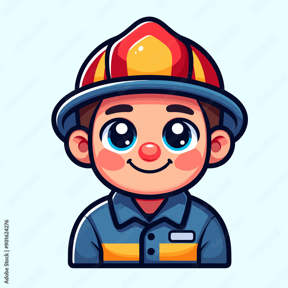 Anime-style image, male firefighter, blue eyes, pink cheeks, yellow and red helmet, blue uniform with yellow accents, short brown hair, friendly expression, smiling face Anime-style image, male firefighter, blue eyes, pink cheeks, yellow and red helmet, blue uniform with yellow accents, short brown hair, friendly expression, smiling face