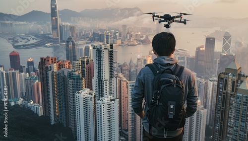 Man Flying Drone Above Skyscrapers photo