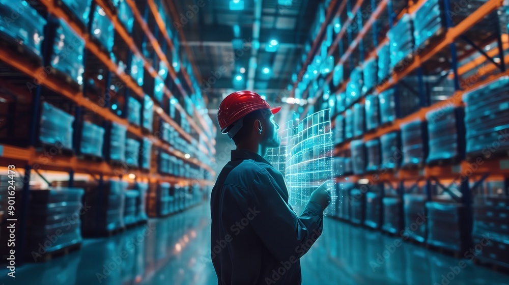 Logistic worker in a minimalist design space, managing inventory with a holographic tracking system. The smart warehouse setting is advanced and efficient, emphasizing modern technology and clean Logistic worker in a minimalist design space, managing inventory with a holographic tracking system. The smart warehouse setting is advanced and efficient, emphasizing modern technology and clean