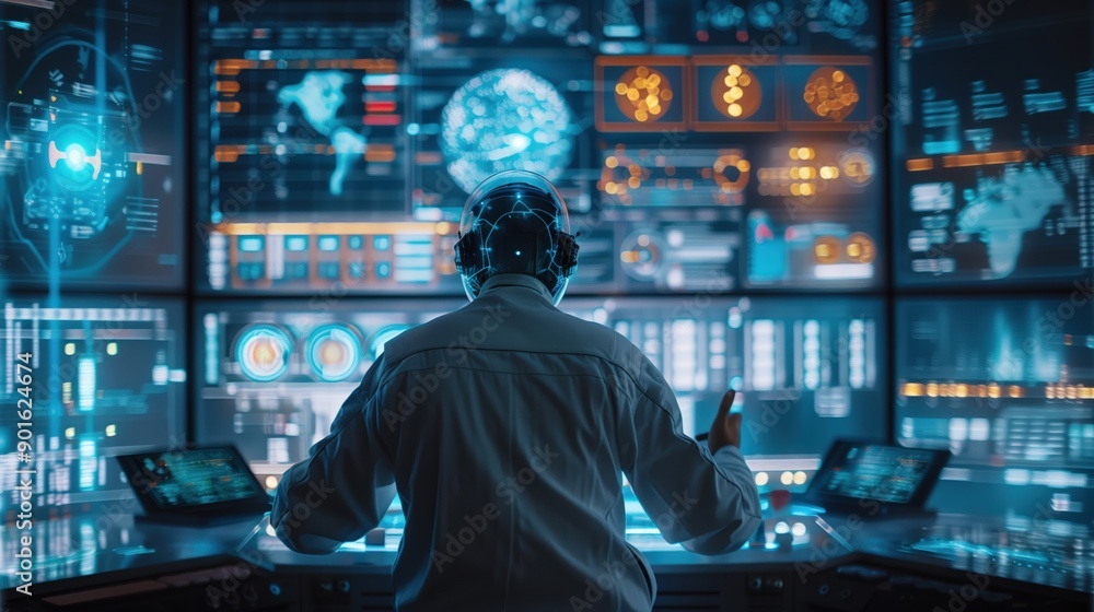Robotics technician in a minimalist workspace, controlling advanced automation with holographic interfaces. The high-tech setting is streamlined and modern, focusing on efficiency and the use of Robotics technician in a minimalist workspace, controlling advanced automation with holographic interfaces. The high-tech setting is streamlined and modern, focusing on efficiency and the use of