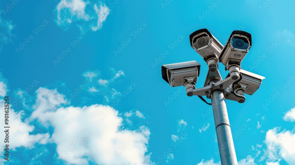 Group of IP CCTV cameras on a pole for urban surveillance, blue sky in the background, ideal for security system ads and copy Group of IP CCTV cameras on a pole for urban surveillance, blue sky in the background, ideal for security system ads and copy