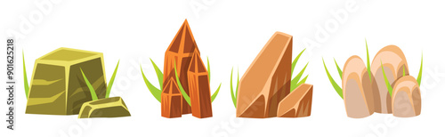 Road Boulder and Solid Stone with Grass Vector Set