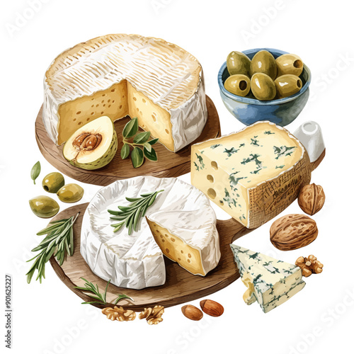 Hand drawn cheese set with addings. Vegetarian healthy food. Watercolor illustration. Template for card, menu