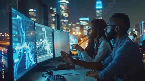 Two Diverse Male and Female Software Engineers Discuss Live Analysis Feed with City Road and Traffic Updates. Managers and Data Scientists Collaborate in a Modern Monitoring Office Generative ai 