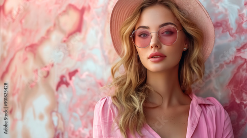 Pink Paradise: A radiant young woman with golden blonde waves, clad in a delicate pink blouse and a matching hat, embraces the summer sun. Her heart-shaped sunglasses and a soft pink backdrop create a