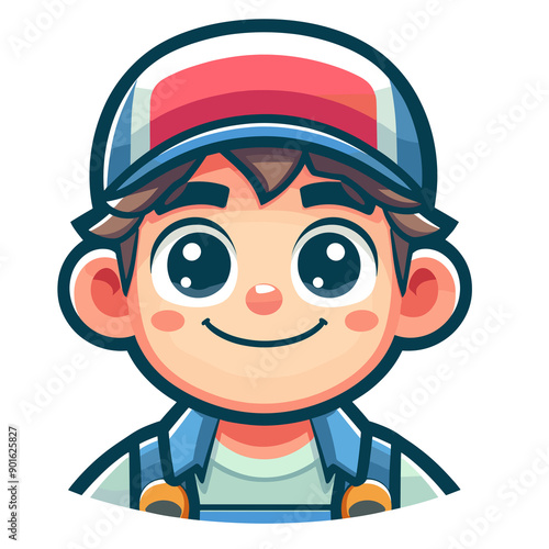 Anime-style image, male mechanic, blue eyes, pink cheeks, blue and red cap, blue overalls, short brown hair, friendly expression, smiling face