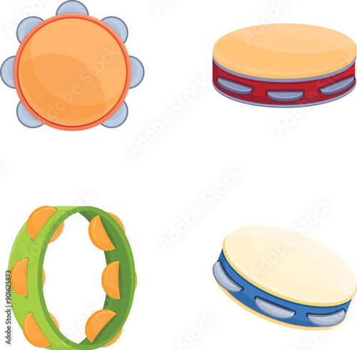 Ethnic tambourine icons set cartoon vector. Tambourine of various style. Percussion musical instrument