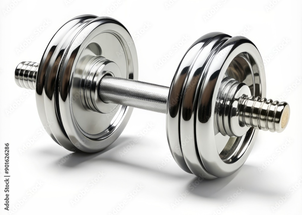 Naklejka premium Sleek chrome dumbbell with multiple weight plates on each side, perfectly balanced for efficient strength training and fitness exercises, showcasing durability and versatility.