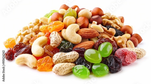 Mixed nuts and dried fruits, including almonds, hazelnuts, peanuts, cashews, candied fruit, and raisins, isolated on white