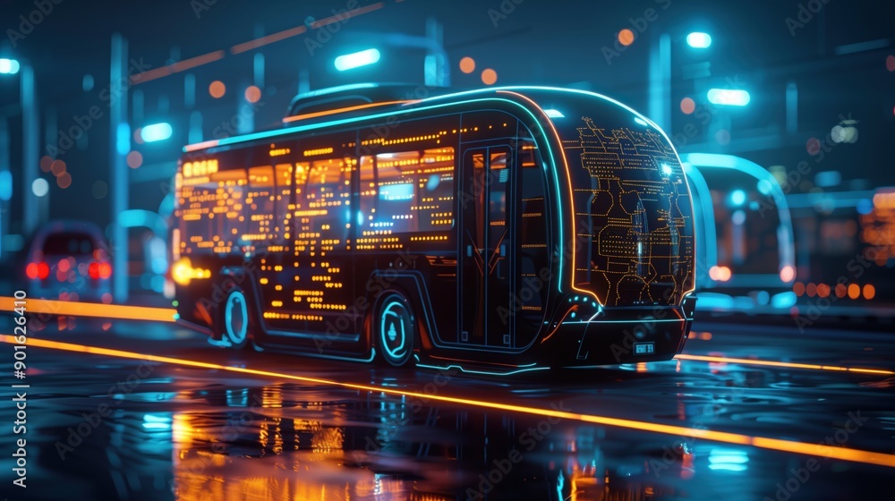 Self-driving bus with a minimalistic design, featuring a holographic route map. Set in a futuristic urban transit system, the bus showcases advanced technology and efficient public transportation. Self-driving bus with a minimalistic design, featuring a holographic route map. Set in a futuristic urban transit system, the bus showcases advanced technology and efficient public transportation.