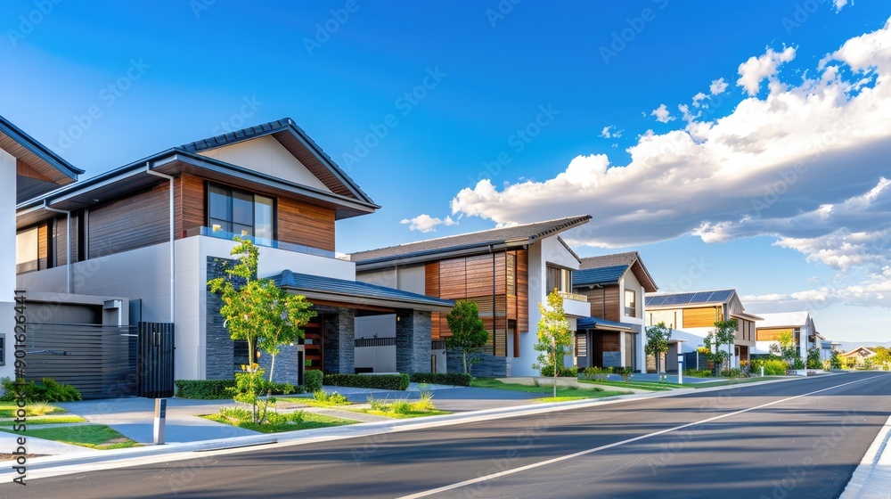 Modern houses recently completed, lined up with a blue sky backdrop, ideal for copy space or marketing content Modern houses recently completed, lined up with a blue sky backdrop, ideal for copy space or marketing content