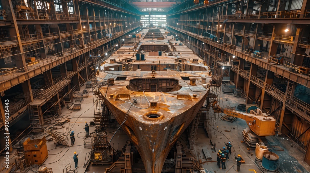 Ship in construction phase at shipyard. Ship in the construction phase at a shipyard, with workers and scaffolding visible, showcasing the early stages of vessel assembly. Ship in construction phase at shipyard. Ship in the construction phase at a shipyard, with workers and scaffolding visible, showcasing the early stages of vessel assembly.