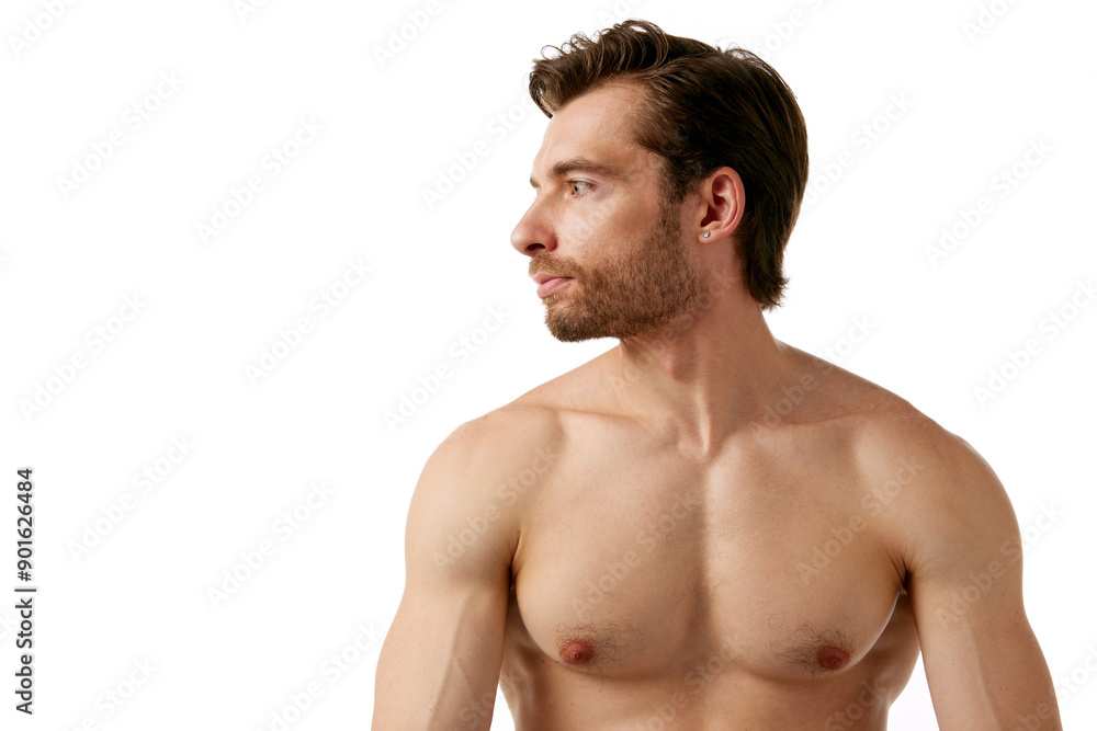 Portrait of handsome man with perfect hair, bristle face, muscular shirtless body, posing isolated on white background. Concept of male beauty, skin care, cosmetology, cosmetics