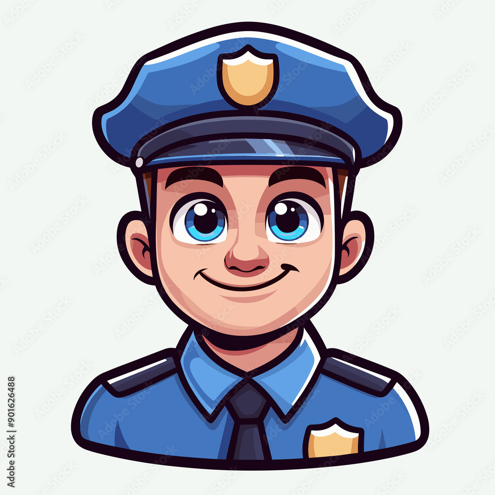 Cartoon policeman with brown hair and blue eyes, wearing a blue uniform and cap. He has a friendly smile and rosy cheeks, exuding warmth and approachability. Cartoon policeman with brown hair and blue eyes, wearing a blue uniform and cap. He has a friendly smile and rosy cheeks, exuding warmth and approachability.