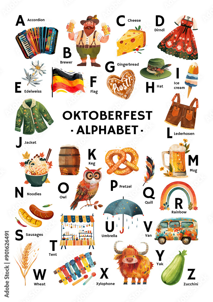 A poster for a restaurant, cafe, snack bar, menu featuring the alphabet and illustrations of Oktoberfest, designed to teach little ones the alphabet. Watercolor illustration in pastel colors. A poster for a restaurant, cafe, snack bar, menu featuring the alphabet and illustrations of Oktoberfest, designed to teach little ones the alphabet. Watercolor illustration in pastel colors.