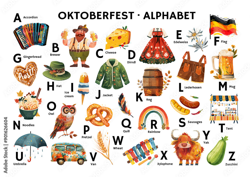 Fototapeta premium A poster for a restaurant, cafe, snack bar, menu featuring the alphabet and illustrations of Oktoberfest, designed to teach little ones the alphabet. Watercolor illustration in pastel colors.