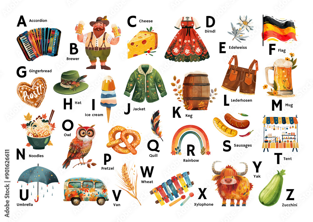 Naklejka premium A poster for a restaurant, cafe, snack bar, menu featuring the alphabet and illustrations of Oktoberfest, designed to teach little ones the alphabet. Watercolor illustration in pastel colors.