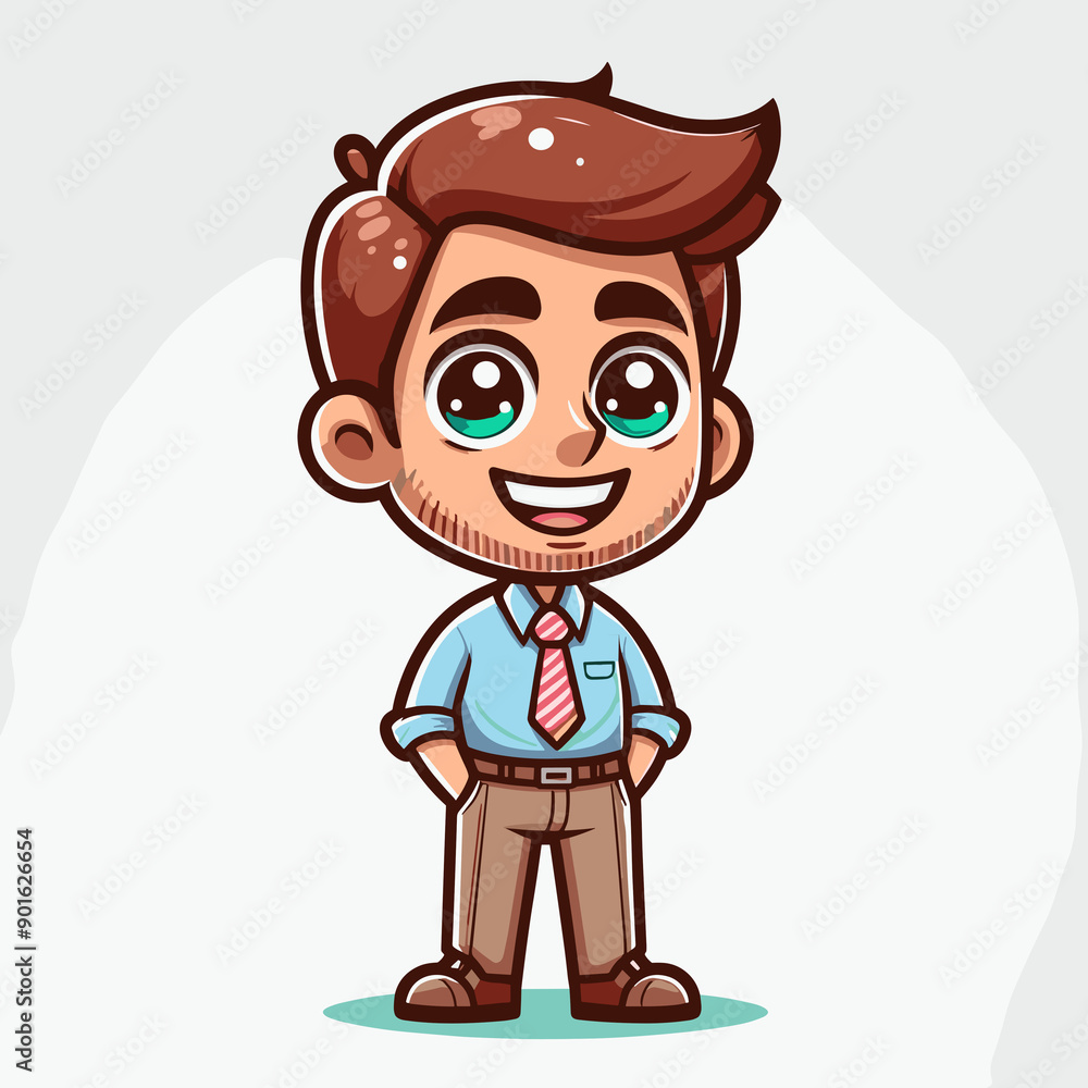 A cute cartoon teacher with brown hair and green eyes, wearing a blue shirt, red striped tie, and brown pants. He has a friendly smile, rosy cheeks, and hands in his pockets, exuding confidence. A cute cartoon teacher with brown hair and green eyes, wearing a blue shirt, red striped tie, and brown pants. He has a friendly smile, rosy cheeks, and hands in his pockets, exuding confidence.