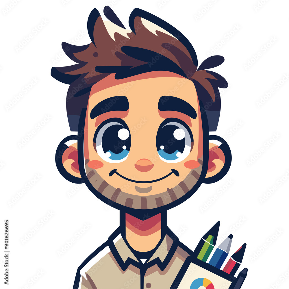 A cute cartoon artist with brown hair, big eyes, and a beard, wearing a beige shirt. He has a friendly smile and rosy cheeks, with colorful markers in his pocket, exuding creativity and charm. A cute cartoon artist with brown hair, big eyes, and a beard, wearing a beige shirt. He has a friendly smile and rosy cheeks, with colorful markers in his pocket, exuding creativity and charm.