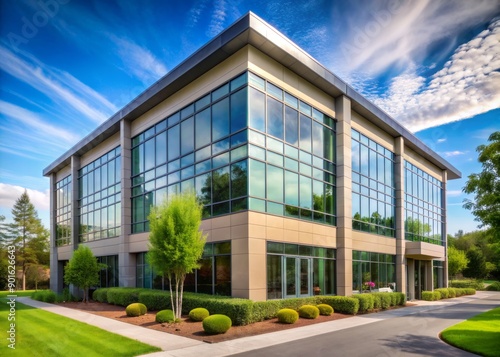 Contemporary two-story industrial minimalist office building featuring large glass windows, metal accents, and clean lines, surrounded by lush greenery and natural light.