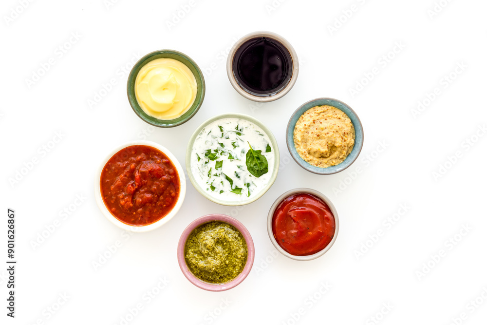 Bowls with various sauces for the meat or vegetables. Food background Bowls with various sauces for the meat or vegetables. Food background
