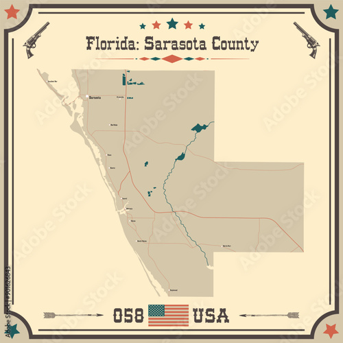 Large and accurate map of Sarasota County, Florida, USA with vintage colors.