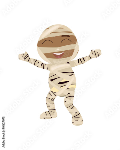 A cute mummy for Halloween. The boy is dressed in a mummy costume for the Horor party. Vector illustration