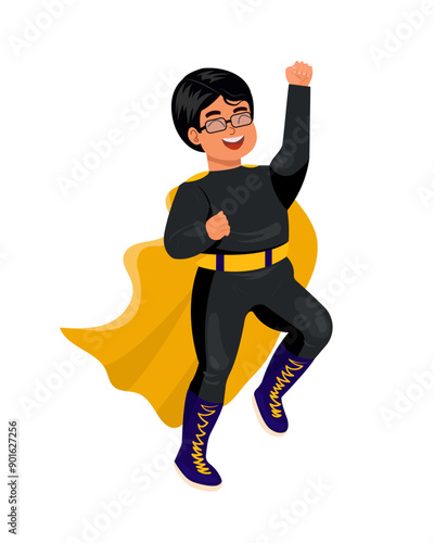 Fun boy in superhero costume for halloween day party. Character in yellow cape and black tight combo. Vector illustration