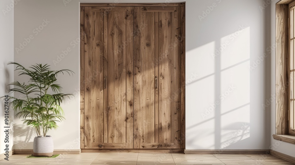Room interior with a wooden dressing closet, front doorway, and white wall, background with space for text or branding Room interior with a wooden dressing closet, front doorway, and white wall, background with space for text or branding