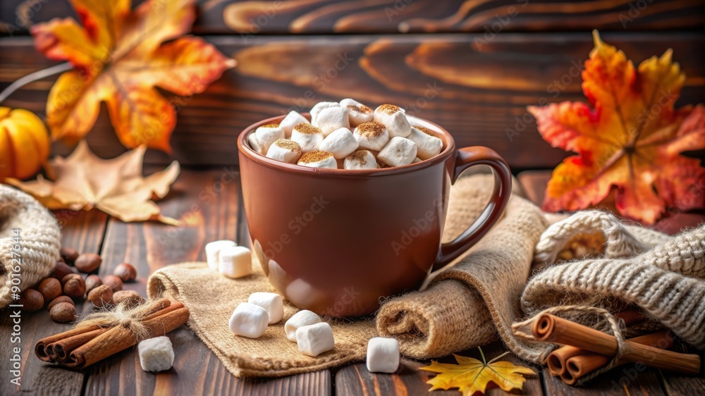 Hot Chocolate with Marshmallows and Autumn Decor. Hot Chocolate with Marshmallows and Autumn Decor.