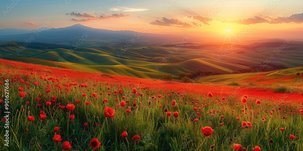 Sunset over Rolling Hills with Poppy Field Sunset over Rolling Hills with Poppy Field