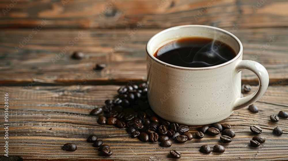 A steaming cup of black coffee on a rustic wooden table, with coffee beans artfully scattered around. A steaming cup of black coffee on a rustic wooden table, with coffee beans artfully scattered around.