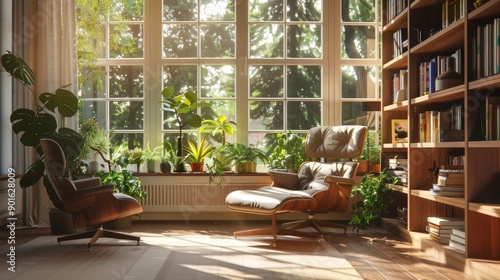 wooden window in the study, there is an armchair and bookshelves with books on them, plants by the window, sunlight shines through the glass of the large windows into the room