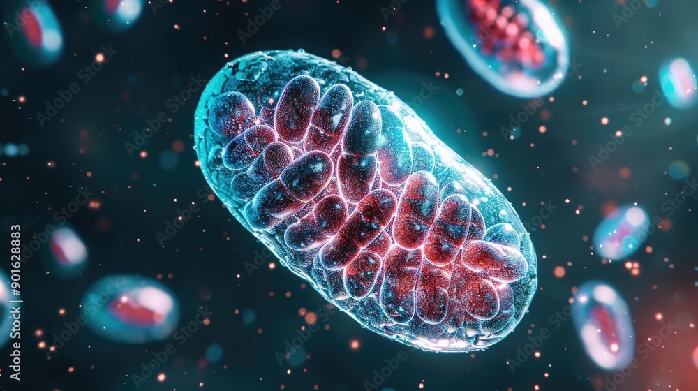 Mitochondria energy production process with ATP molecules being ...