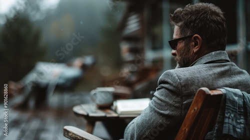 A man sits at an outdoor table, reading a book by a log cabin, surrounded by mist. He is wearing a jacket, capturing a peaceful and introspective scene. photo