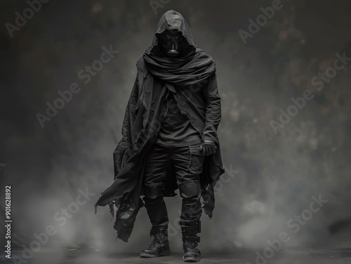 Medium shot of The man put on a black hood and an old, disheveled, torn cloak, black boots, and a black respirator mask, themed background, bright tonality, in the style of fashion photography.