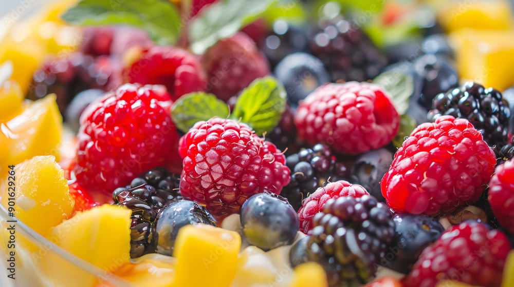 Colorful variety of fresh berries in a summer pudding Colorful variety of fresh berries in a summer pudding