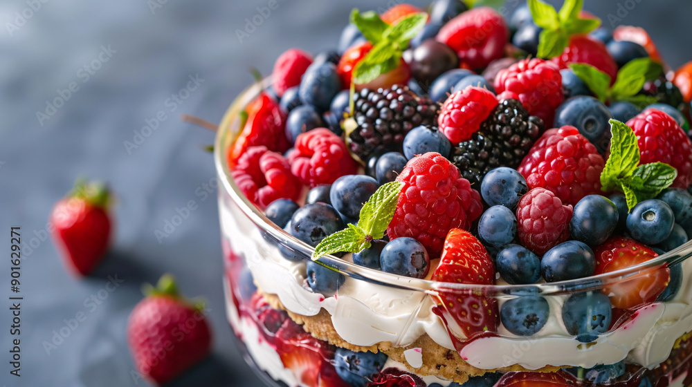 Colorful variety of fresh berries in a summer trifle Colorful variety of fresh berries in a summer trifle