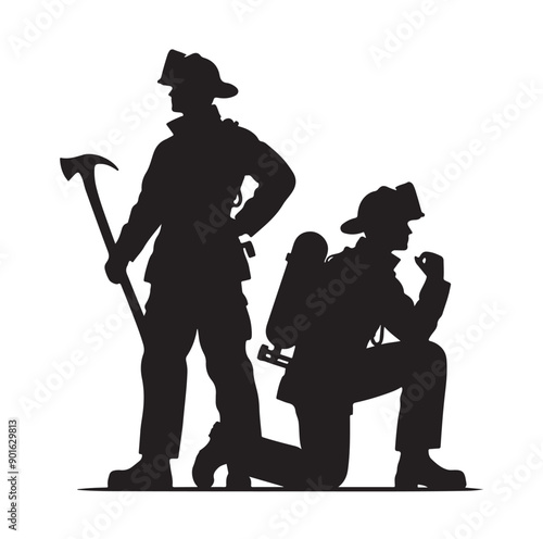 Firefighter pose silhouette vector illustration 