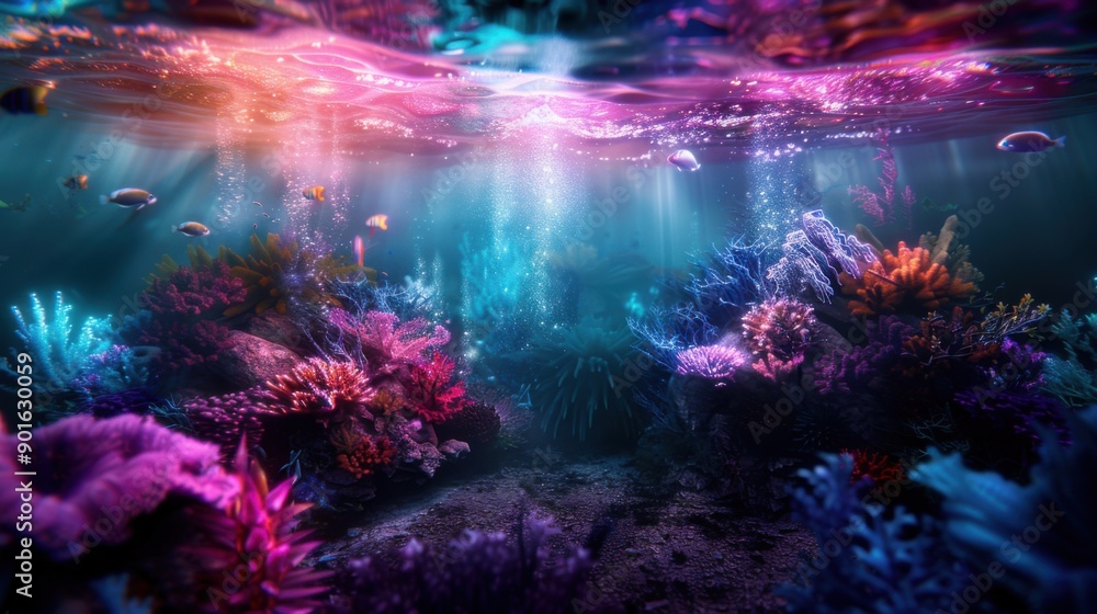 A colorful underwater scene with a variety of fish and coral A colorful underwater scene with a variety of fish and coral