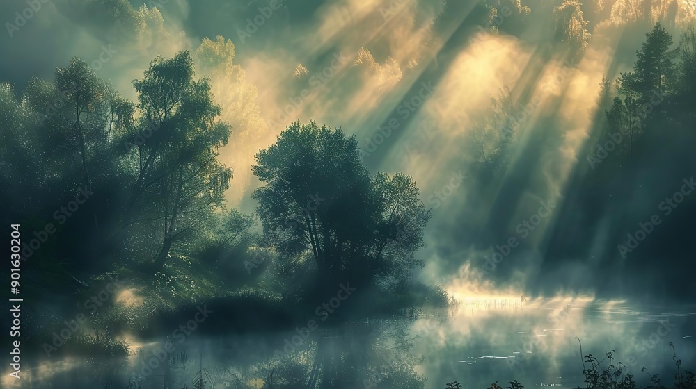 Naklejka premium Golden Hour Mist: Serene River Landscape at Dawn