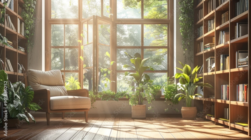 wooden window in the study, there is an armchair and bookshelves with books on them, plants by the window, sunlight shines through the glass of the large windows into the room wooden window in the study, there is an armchair and bookshelves with books on them, plants by the window, sunlight shines through the glass of the large windows into the room