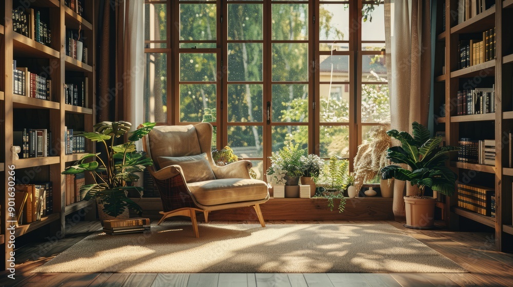 wooden window in the study, there is an armchair and bookshelves with books on them, plants by the window, sunlight shines through the glass of the large windows into the room