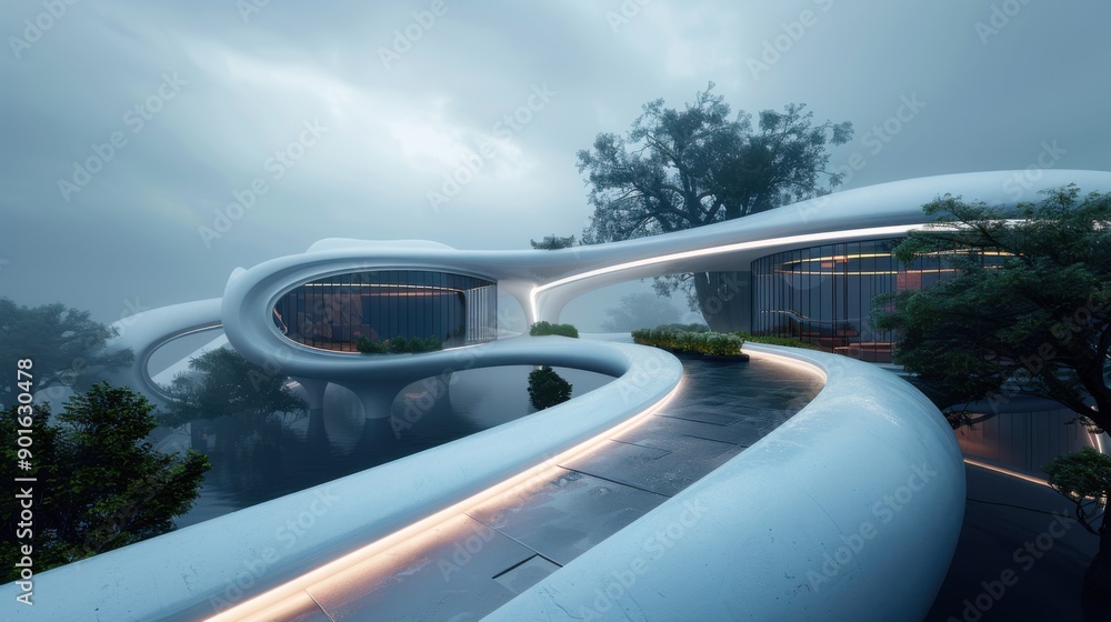 A futuristic home with a curved walkway and a pond A futuristic home with a curved walkway and a pond