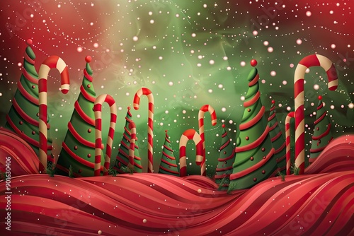 Whimsical red and green abstract Christmas background with swirling candy cane forests photo