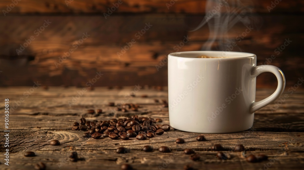 A steaming mug of coffee on a weathered wooden table, with coffee beans scattered around it. A steaming mug of coffee on a weathered wooden table, with coffee beans scattered around it.