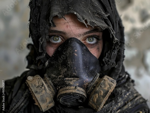 Medium shot of The man put on a black hood and an old, disheveled, torn cloak, black boots, and a black respirator mask, themed background, bright tonality, in the style of fashion photography.