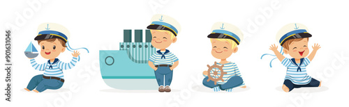 Little Children Sailor in Striped Shirt and Cap Vector Set